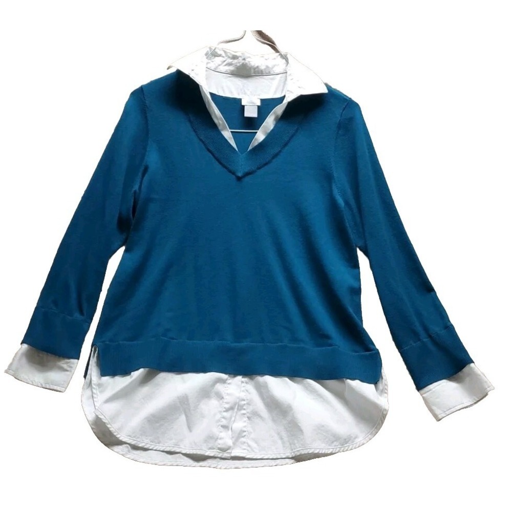 Chico's Sz 2 , light sweater Shirt  Turquoise And White Shirt Trim Lightweight
